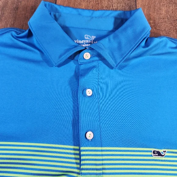 Vineyard Vines Performance Polo Shirt Men's Size XL Whale Logo Golf Blue Striped - Picture 4 of 8